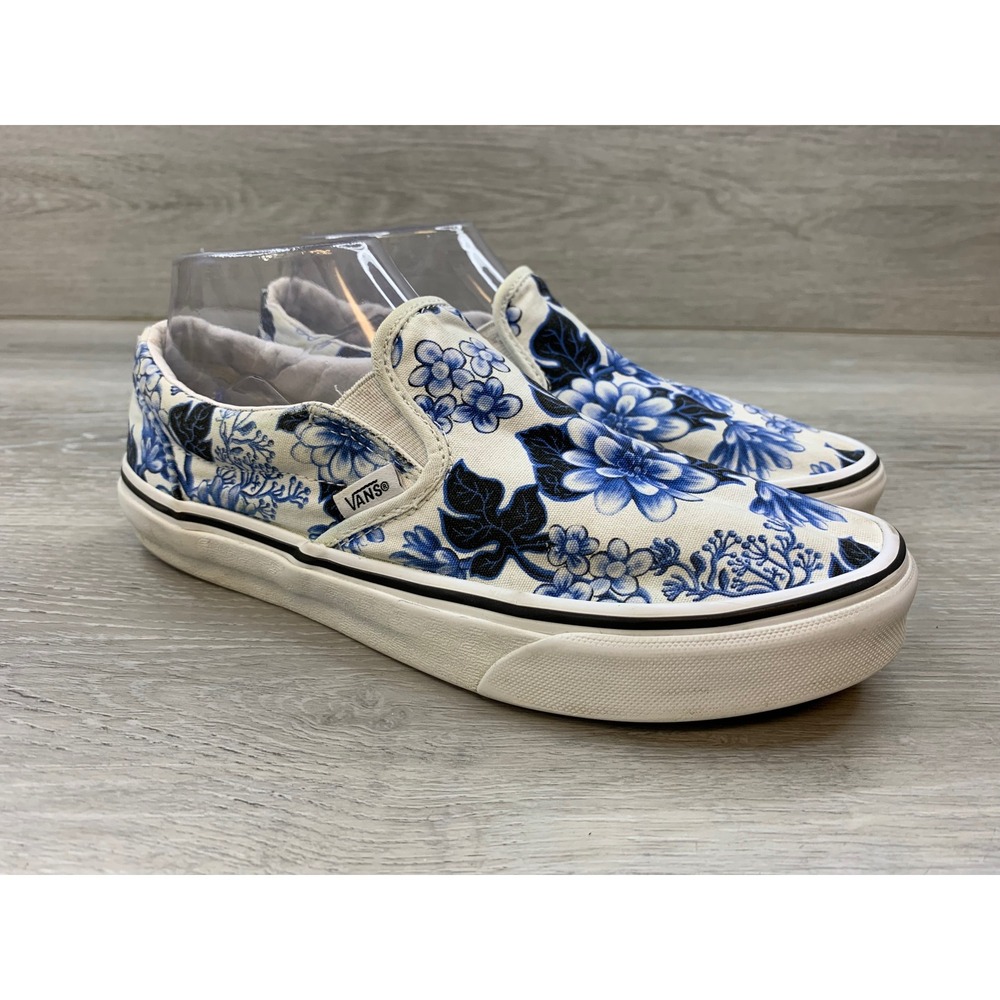 Vans Classic Slip On Blue White Floral Canvas Sneakers Women's 8.5 Casual Shoes